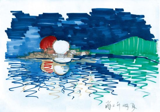 第二張構(gòu)思草圖：日出東海”加上“海上生明月”